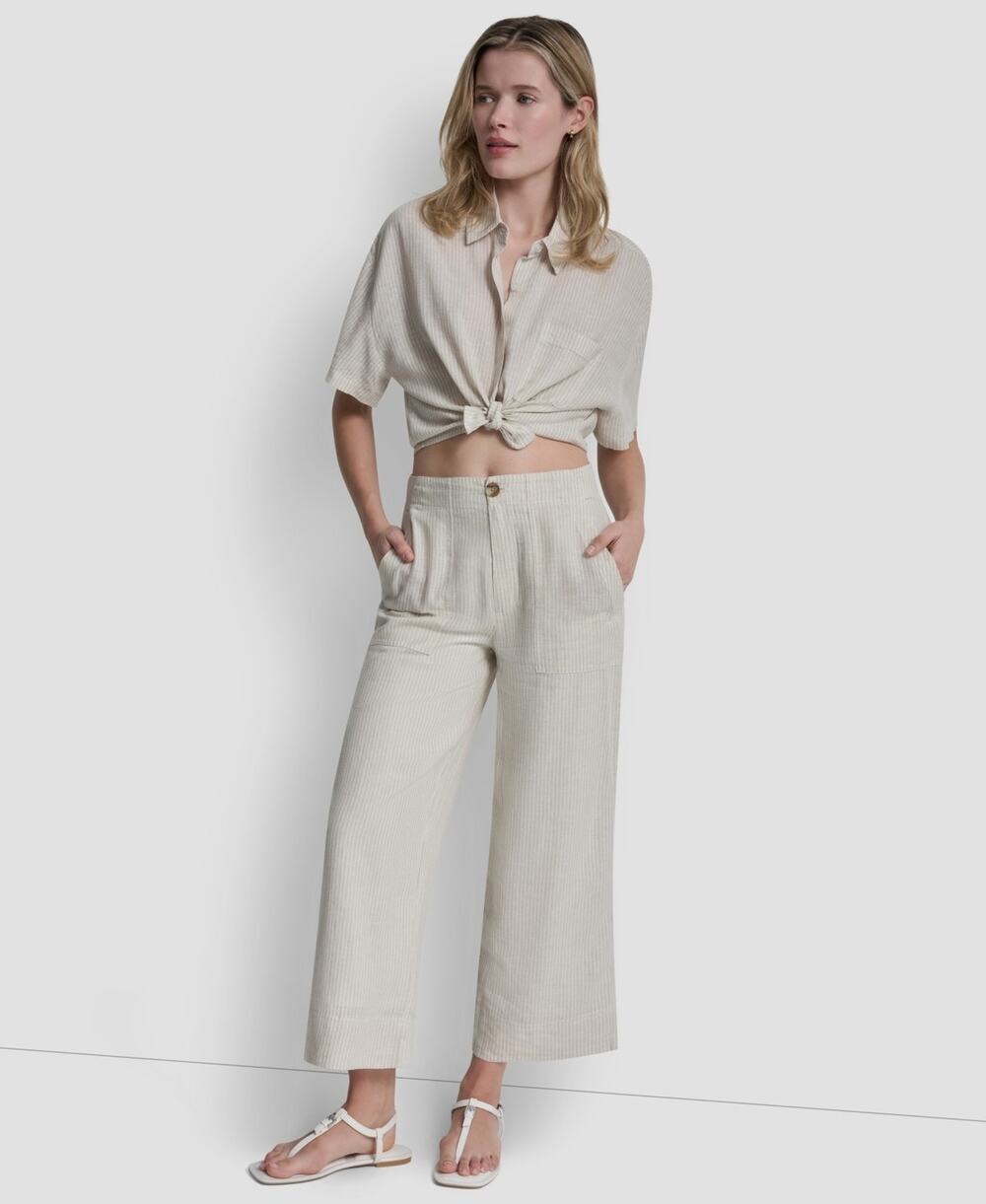 DKNY Jeans Women's Cropped Wide-Leg Linen-Blend Pants Beige Size 10 3755